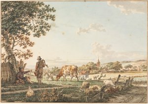 Pastoralt landskap med by, 1799. av Jacob Cats
