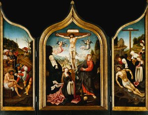 En triptyk: Kristus på korset med Jungfrun, Magdalena, Johannes evangelisten och änglar; på vingarna Kristus erbjöd vinäger före korsfästelsen och klagan, lidandet i trädgården och Ecce Homo,