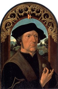 ""Porträtt av en man"" (Porträtt av en man) Porträtt av en man från den holländska bourgeoisin, med en silverjuvel i handen. Målning av Jacob Cornelisz van Oostsanen (cirka 1470-cirka 1533) Eremitagemuseet Sankt Petersburg av Jacob Cornelisz van Oostsanen