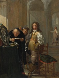 En kavaljer som säljer sina varor, en gammal man som läser ett dokument och en ung pojke som håller i ett mynt av Jacob Duck