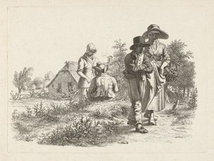 Blind kvinna och samtalande figurer på en gård Studietryck / Etudes gravées (serietitel) av Jacob Ernst Marcus