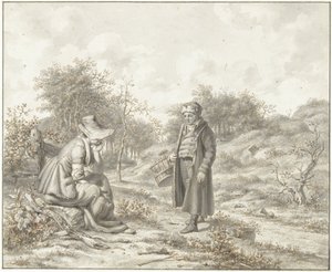 Kuperat landskap med en sittande kvinna och en stående man med en korg av Jacob Ernst Marcus