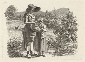 Ung kvinna och ett barn som tittar i en korg Studietryck / Etudes gravées (serietitel) av Jacob Ernst Marcus