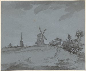 Landskap med väderkvarn och kyrka på en kulle av Jacob Ernst Marcus
