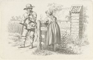 Gräsklippare pratar med en tjej Studietryck / Etudes gravées (serietitel) av Jacob Ernst Marcus