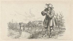 Man lutad på en pinne och en kvinna med ett barn på en landsväg Studietryck / Etudes gravées (serietitel) av Jacob Ernst Marcus