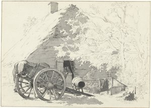 Mjölkvagn med häst framför en gård