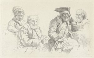 Studieblad med tre gamla män och en ung kvinna Studietryck / Etudes gravées (serietitel) av Jacob Ernst Marcus