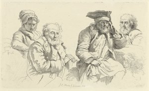 Studieblad med tre gamla män och en ung kvinna Studietryck / Etudes gravées (serietitel) av Jacob Ernst Marcus