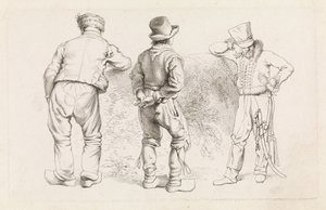 Studieblad med tre stående figurer Etudes gravées (serietitel) av Jacob Ernst Marcus