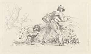 Studieblad med en sovande kvinna och en sportfiskare Studietryck / Etudes gravées (serietitel) av Jacob Ernst Marcus
