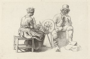 Studieark med en kvinna vid ett snurrande hjul och en sittande man Studietryck / Etudes gravées (serietitel) av Jacob Ernst Marcus