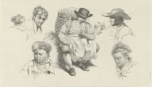 Studieblad med figurer och en vilande fiskhandlare med pipa Studietryck / Etudes gravées (serietitel) av Jacob Ernst Marcus