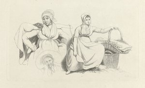 Studieblad med två kvinnor och ett huvud Studietryck / Etudes gravées (serietitel) av Jacob Ernst Marcus