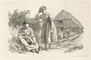 Två kvinnor och en man med barn framför en lada Studietryck / Etudes gravées (serietitel) av Jacob Ernst Marcus