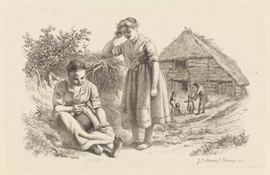Två kvinnor och en man med barn framför en lada Studietryck / Etudes gravées (serietitel) av Jacob Ernst Marcus