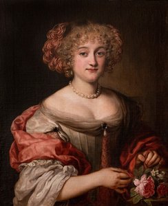 Porträtt av en dam i familjen Colonna, halvfigur, i duvgrå klänning och rosa sidenomslag av Jacob Ferdinand Voet