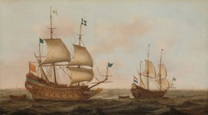 Ett krigsskepp byggt för Frankrike och en holländsk yacht under segel av Jacob Gerritz Loef