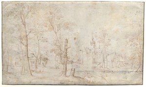 Moated slott och by av Jacob Grimmer