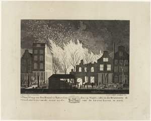 Brand i bryggeriet De Twee Leeuwen i Rotterdam, 1782 Bild på den Brand i Rotterdam den 19 mars 1782 i Brouwery de Twee Leeuwen från västra sidan av Leuvehaven (titel på objektet) av Jacob Groenendijk