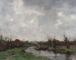 Ett flodlandskap med bondgårdar, sent 1870-tal av Jacob Henricus or Hendricus Maris
