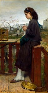 ""Ung flicka stickar på en balkong, Montmartre, Paris"" (Flickstickning på en balkong, Montmartre) Målning av Jacob Maris (1837-1899) - 1869 - Olja på duk Dim 110x75,7 cm Gemeentemuseum Den Haag