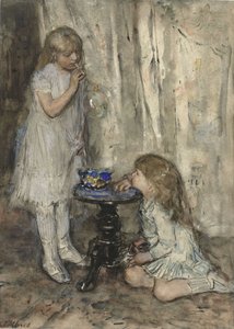 Två flickor som blåser bubblor, ca 1880 (krita på papper)