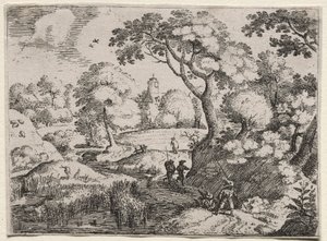 Sex landskap: väg mellan träsk och trädbevuxen bank, ca. 1595.