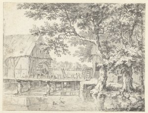 Vy över två vattenkvarnar som flankerar en sluss av Jacob van Ruisdael