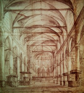 Interiörvy av Oude Kerk (den gamla kyrkan) i Amsterdam (grafit & indiskt bläck på papper) av Jacob van Ruisdael