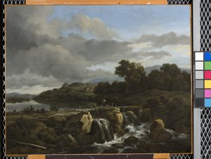 Landskap med kaskad (olja på duk) av Jacob van Ruisdael