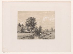 Landskap med gård och ko i vattnet