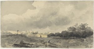 Landskap med herde under tung molnig himmel