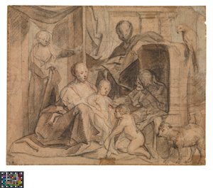 Tyska: Den heliga familjen med Elisabeth och Johannes Döparen (baksida: dörr, dörröppning och Hermes)
Nederländska: De Heilige Familie met Elisabeth en de kleine Johannes (baksida: Deur, deuropening en Hermes) av Jacob Jordaens