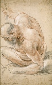 Naken gammal man sittande, lutad på sin underarm, vänd åt vänster, ca 1640