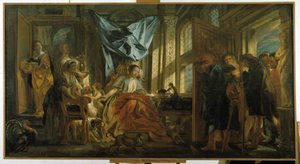Penelope. Ulysses fru som väntar på sin man stöter bort sina anspråksfulla anspråk och fortsätter sin väv. målning av Jacob Jordaens (1593-1678). Musee Granet, Aix en Provence. av Jacob Jordaens