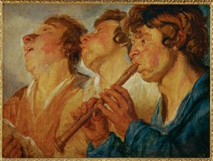 Tre kringvandrande musiker, två sjunger, en tredje spelar ... (målning på trä) av Jacob Jordaens
