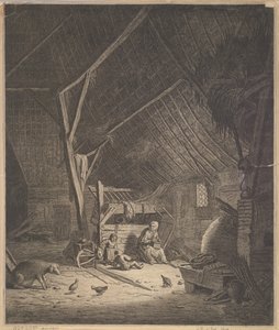 Interiör av en lada med mor och två barn, rakt framför en griskopia, 1600-talet.
