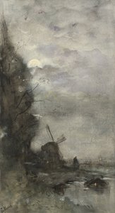 Landskap med kvarn i månsken av Jacob Maris