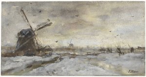Landskap med en väderkvarn i snön av Jacob Maris