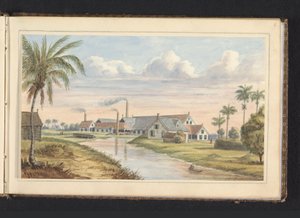 Sockerplantage Visserszorg vid Commewijne-floden Fabryk op pl.(antage) Visserszorg (titel på objekt) Album med teckningar av Surinam, s.6 (50) (serietitel)