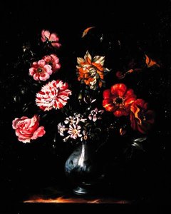 Blommor i en blå och vit vas (olja på duk) av Jacob Marrel