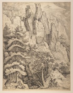 Bohemiskt landskap med par och jägare (vänster plåt) av Jacob Matham