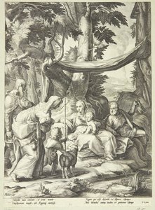 Den heliga familjen satt i ett landskap med Elizabeth, Zacharias och Johannes Döparen som barn av Jacob Matham