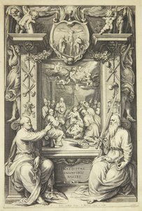 Tillbedjan av herdarna med Peter och Paulus i en allegorisk ram av Jacob Matham