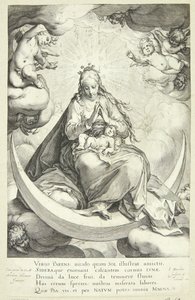 Jungfru Maria med Jesusbarnet på halvmånen, omgiven av änglar