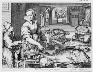 Köksscen med en kökspiga som tillagar fisk, Kristus i Emmaus i bakgrunden, ur Kök- och marknadsscener med bibliska scener i bakgrunden av Jacob Matham