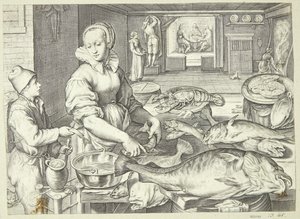 Köksscen med en köksdam som städar fisk av Jacob Matham