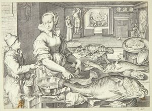 Köksscen med en köksdam som städar fisk av Jacob Matham