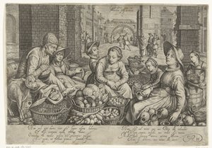 Marknadsscen med liknelsen om arbetarna i vingården i bakgrunden, ca 1600 av Jacob Matham